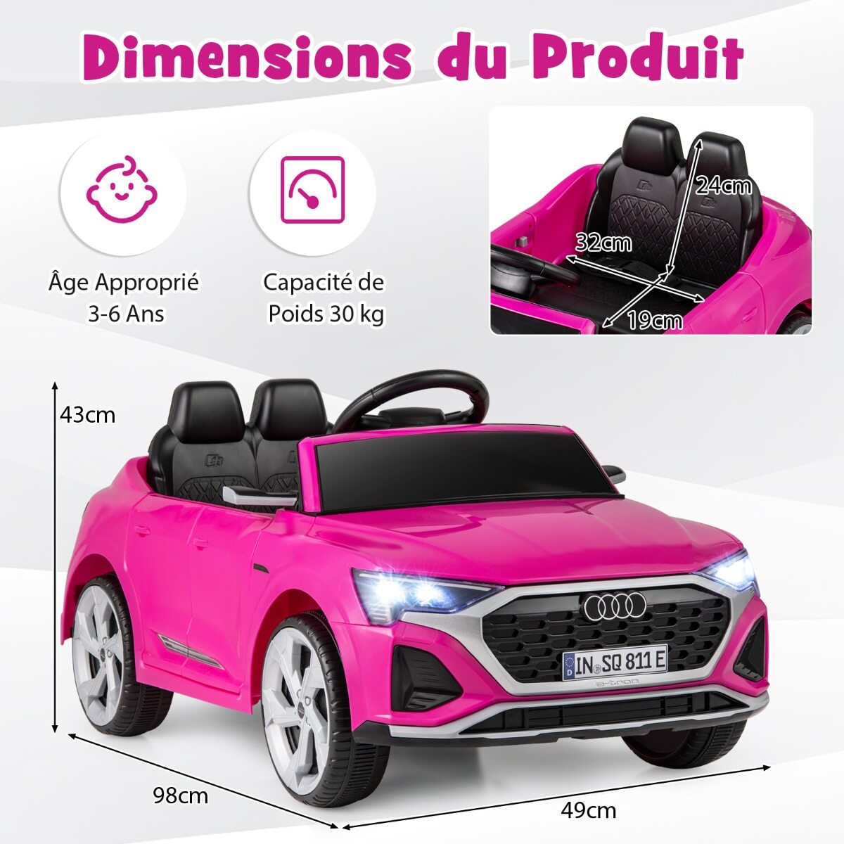 12 V elektriauto lastele, Audi SQ8 litsentsiga, puldiga, signaali, LED-tulede, muusikaga, 3 kiirusega, alates 3. eluaastast, roosa