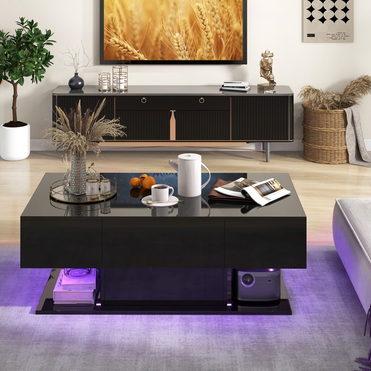 Kohvilaud LED-valgustusega, kõrgläikega, 20 värvi, reguleeritava heledusega, 110 x 60 x 40 cm, must