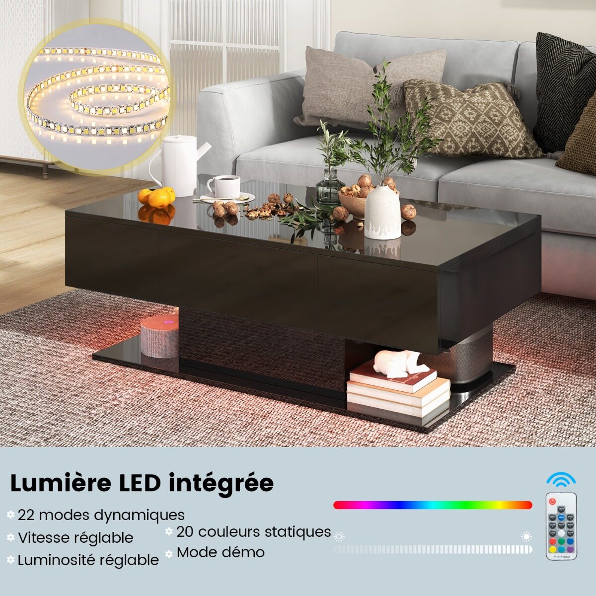 Kohvilaud LED-valgustusega, kõrgläikega, 20 värvi, reguleeritava heledusega, 110 x 60 x 40 cm, must