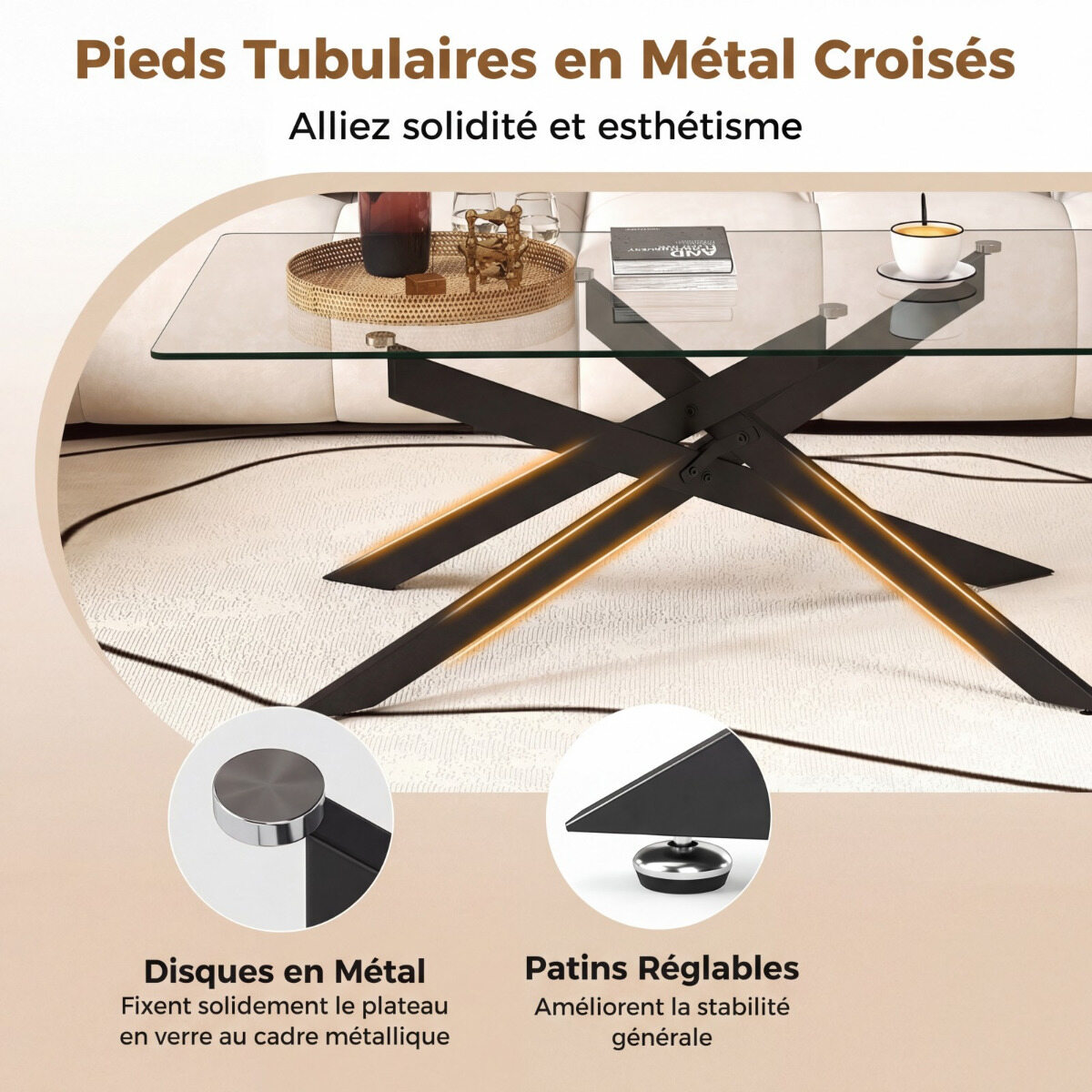 Glass Coffee Table, Rectangular Center Table with Tempered Glass Top & Tubular Metal Legs, Table 120 x 60 x 45.5 cm, Black Glass Coffee Table, Rectangular Center Table with Tempered Glass Top & Tubular Metal Legs, Table 120 x 60 x 45.5 cm, Black