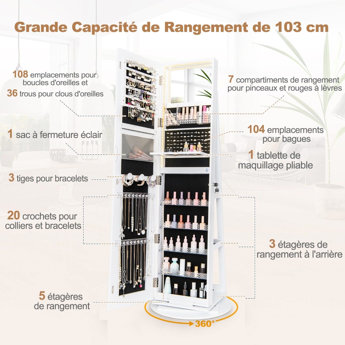 Ehtekapp peegliga Ehtekapp reguleeritavate LED-tuledega 54,5 x 54,5 x 160 cm Valge