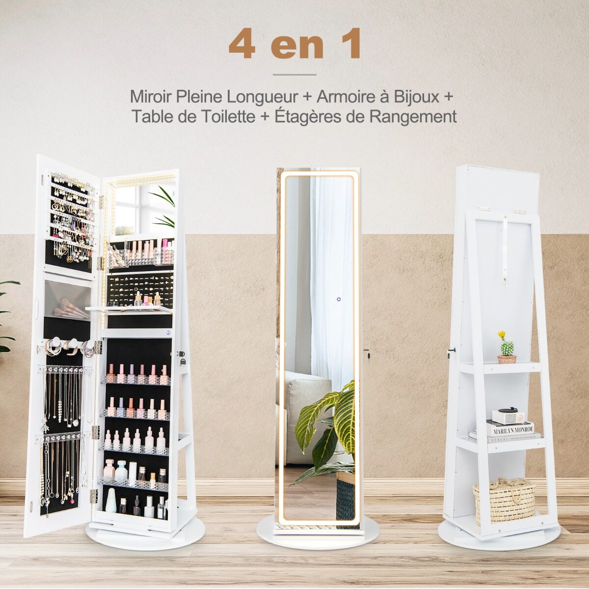 Ehtekapp peegliga Ehtekapp reguleeritavate LED-tuledega 54,5 x 54,5 x 160 cm Valge