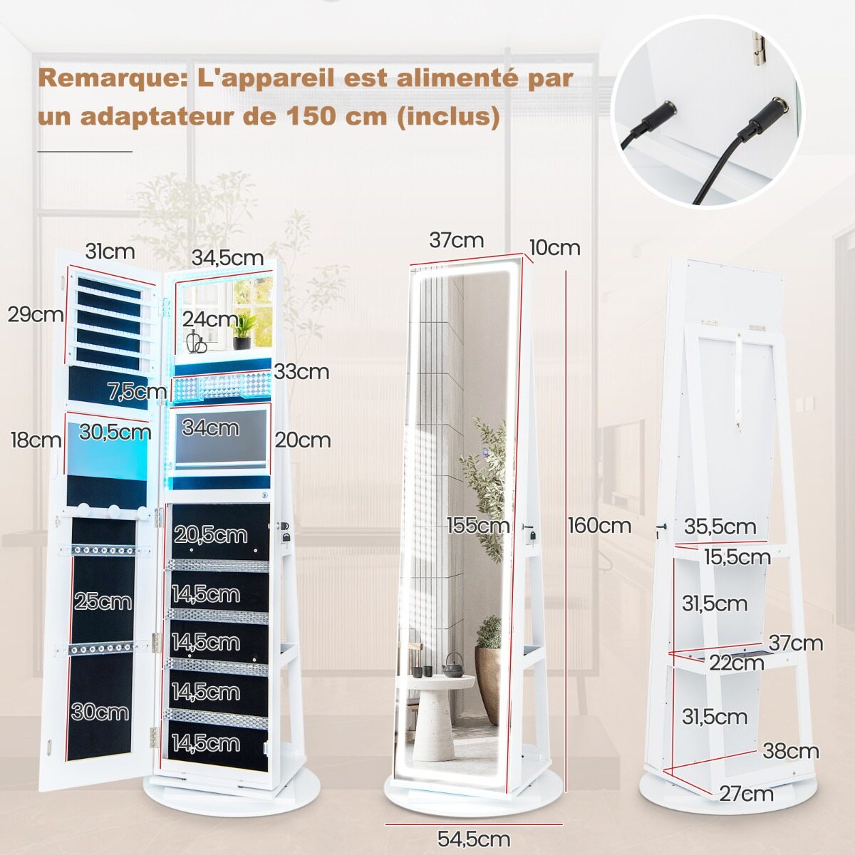 Ehtekapp peegliga Ehtekapp reguleeritavate LED-tuledega 54,5 x 54,5 x 160 cm Valge
