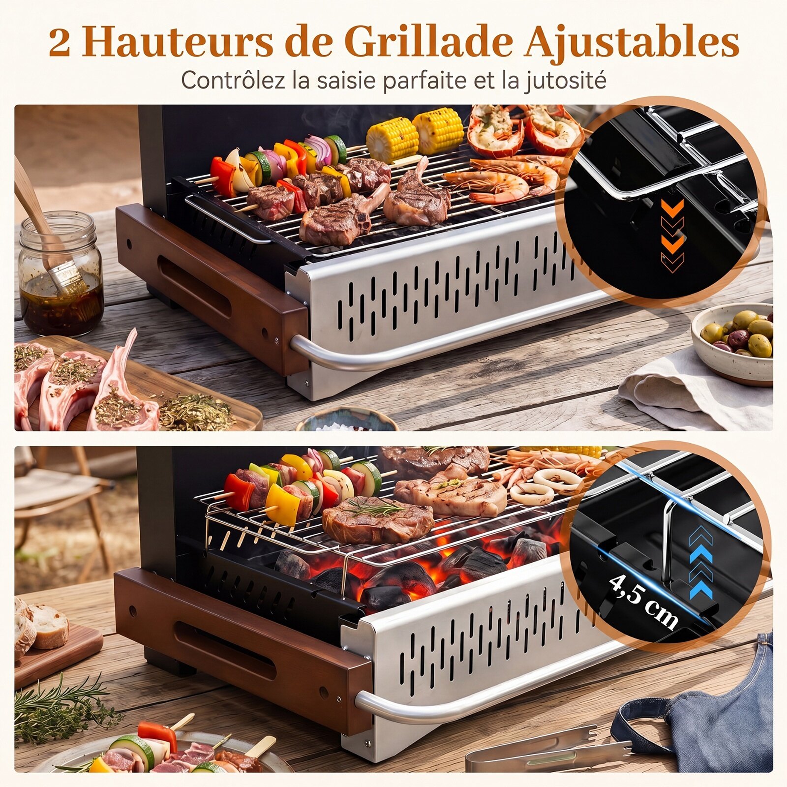 Kokkupandav söegrill kahe reguleeritava grillikõrgusega, eemaldatav söealus, 4-küljeline ventilatsioon, 62 x 43,5 x 41,5 cm, must