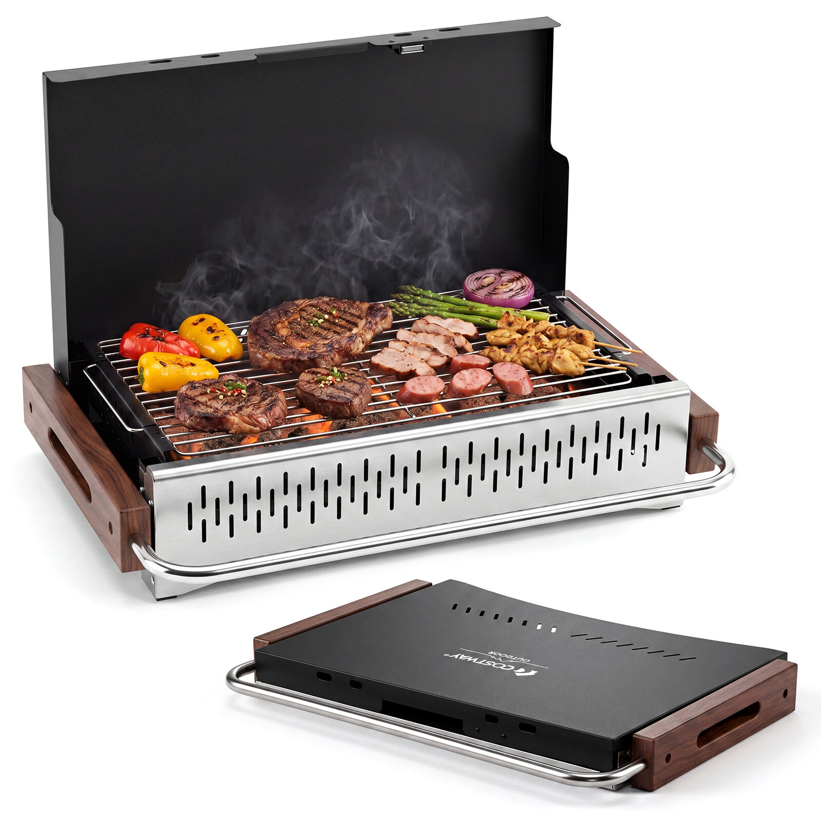 Kokkupandav söegrill kahe reguleeritava grillikõrgusega, eemaldatav söealus, 4-küljeline ventilatsioon, 62 x 43,5 x 41,5 cm, must