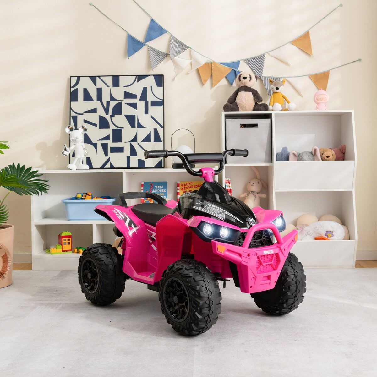 12 V elektriline laste ATV kiirusega 2,2/4,3 km/h, signaali, muusika ja LED-tuledega, roosa