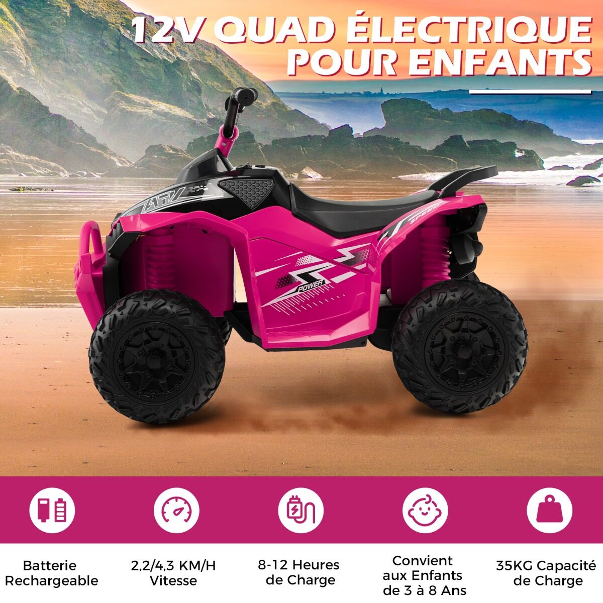 12 V elektriline laste ATV kiirusega 2,2/4,3 km/h, signaali, muusika ja LED-tuledega, roosa