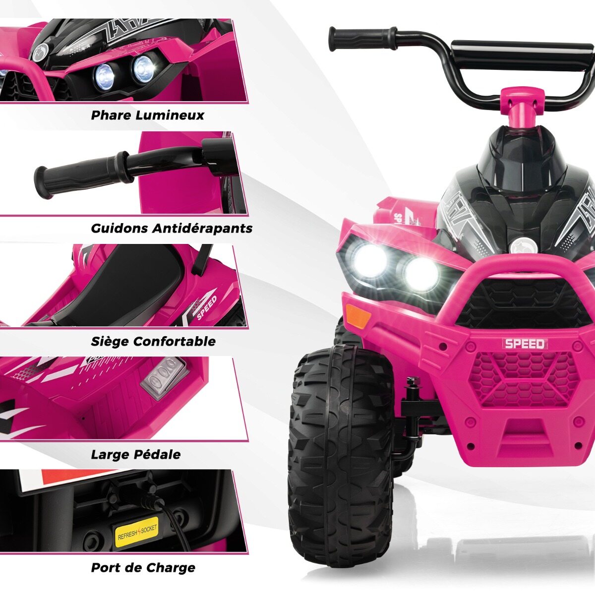 12 V elektriline laste ATV kiirusega 2,2/4,3 km/h, signaali, muusika ja LED-tuledega, roosa