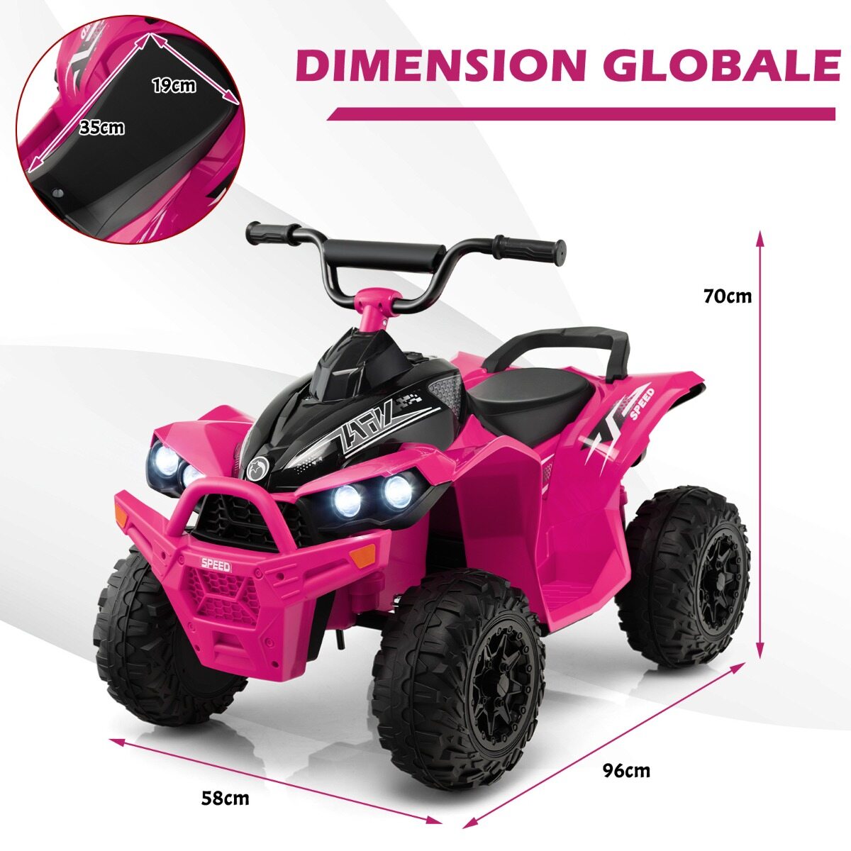 12 V elektriline laste ATV kiirusega 2,2/4,3 km/h, signaali, muusika ja LED-tuledega, roosa