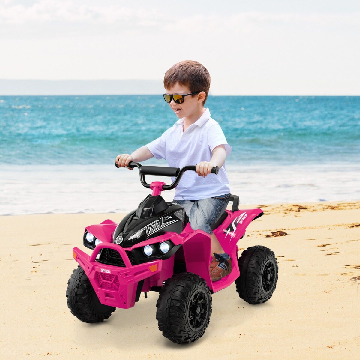12 V elektriline laste ATV kiirusega 2,2/4,3 km/h, signaali, muusika ja LED-tuledega, roosa