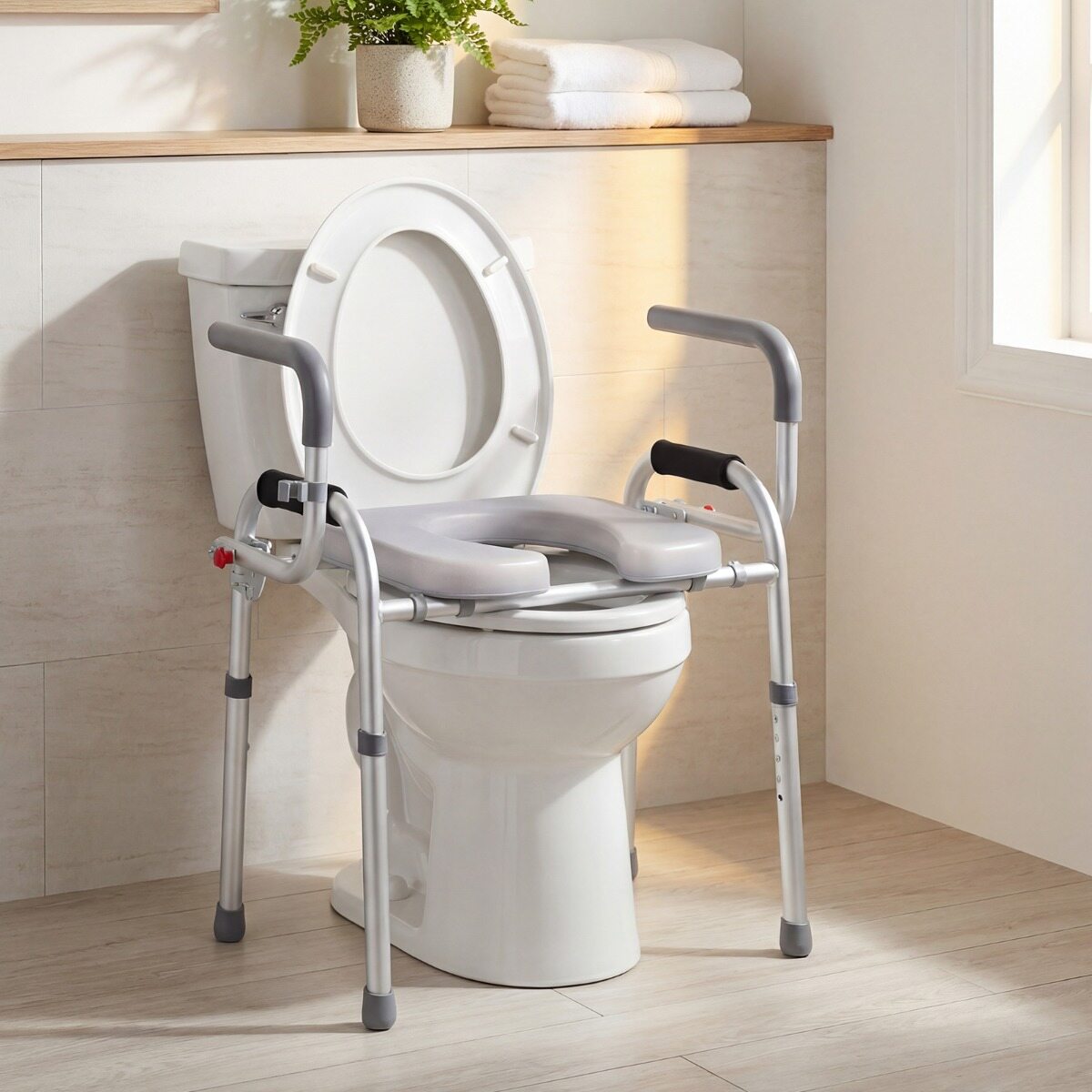 Reguleeritava kõrgusega täiskasvanutele mõeldud WC-poti tõste 5 asendiga, alumiiniumraami ja libisemiskindlate jalgadega, 70 x 44 x 74-84 cm, kandevõime 136 kg, hõbedane
