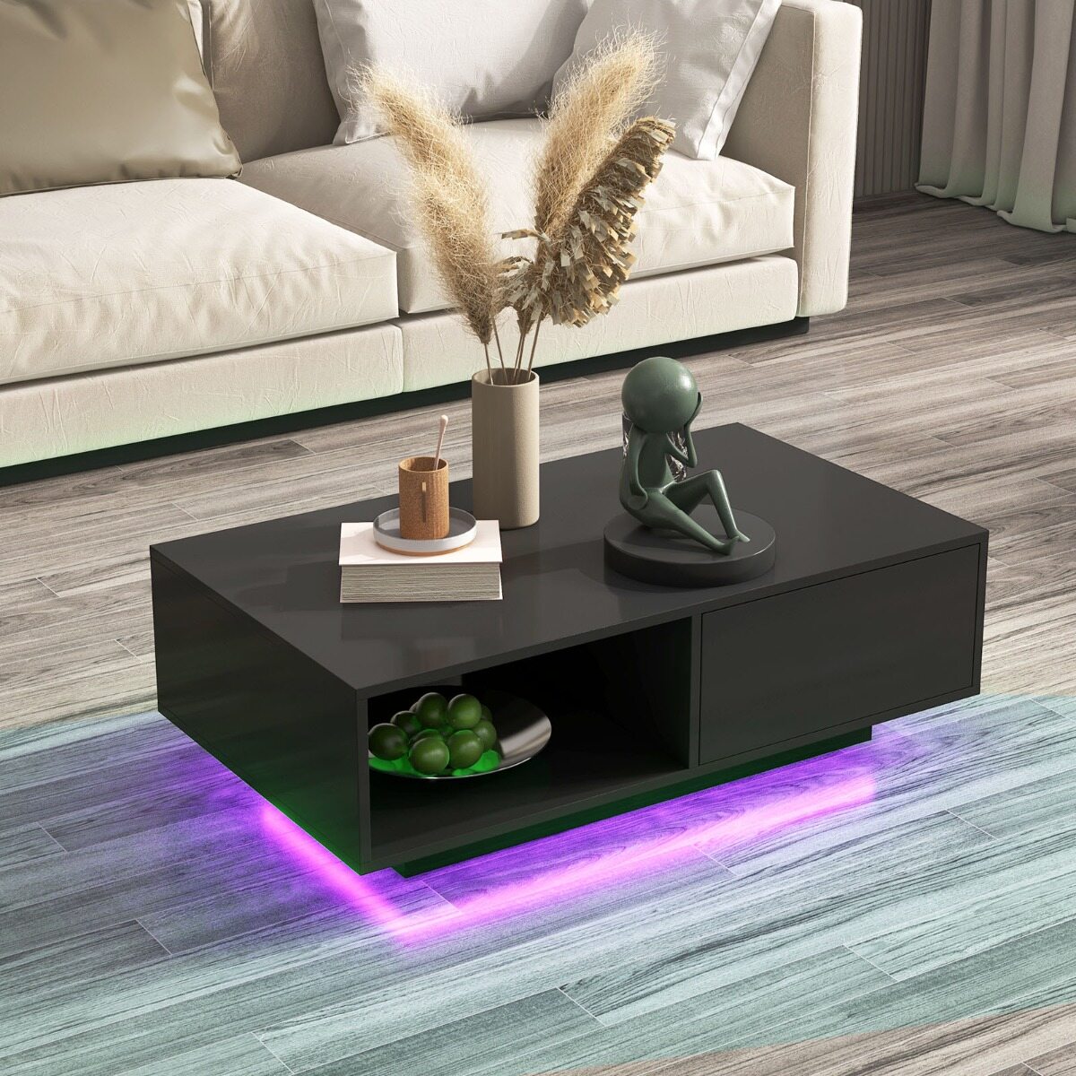 Kaasaegne kohvilaud LED-tuledega 20 värvitoonis 95x55x31 cm elutoalaud suure sahtli ja sektsiooniga must