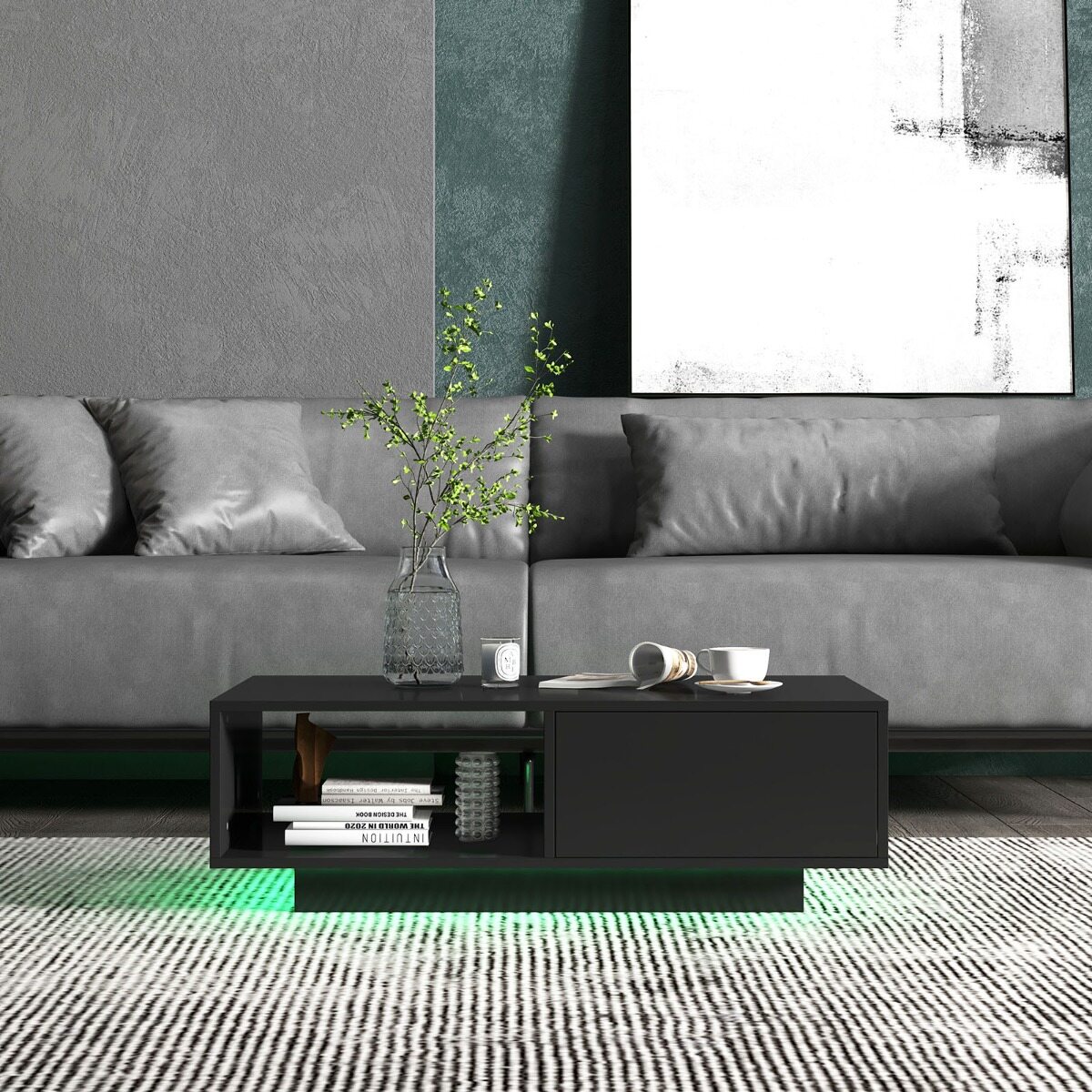 Kaasaegne kohvilaud LED-tuledega 20 värvitoonis 95x55x31 cm elutoalaud suure sahtli ja sektsiooniga must