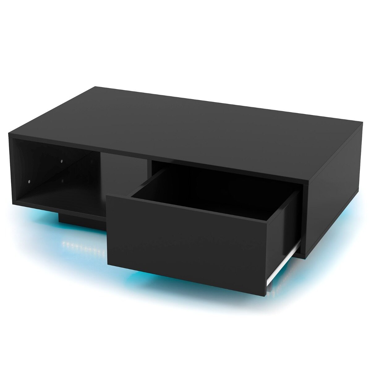 Kaasaegne kohvilaud LED-tuledega 20 värvitoonis 95x55x31 cm elutoalaud suure sahtli ja sektsiooniga must