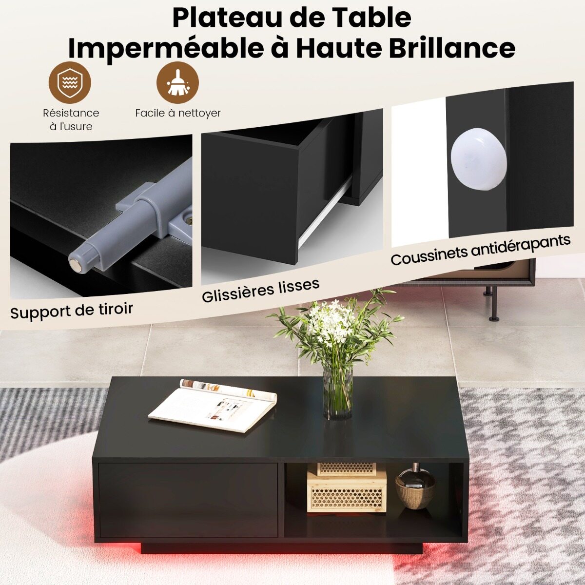 Kaasaegne kohvilaud LED-tuledega 20 värvitoonis 95x55x31 cm elutoalaud suure sahtli ja sektsiooniga must