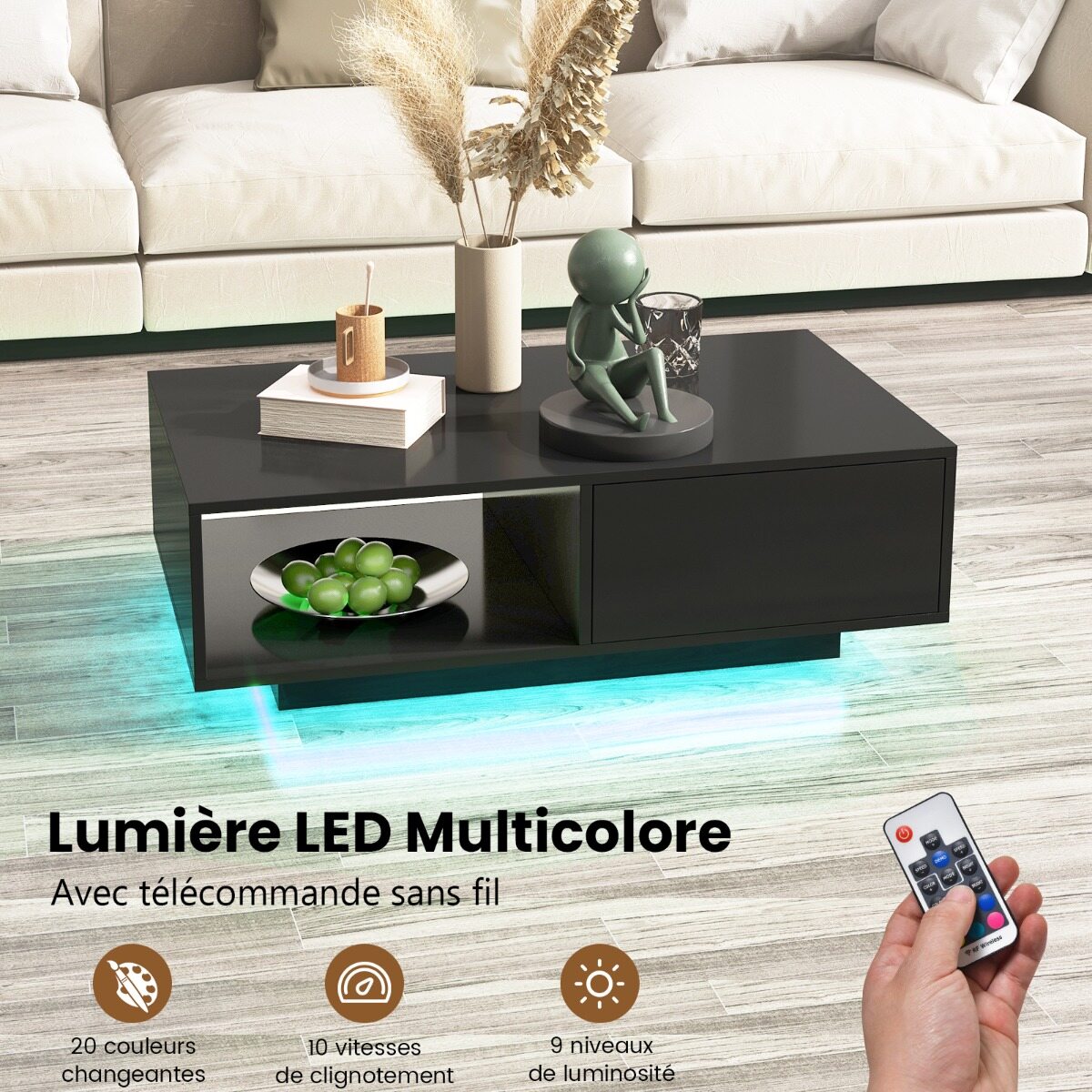 Kaasaegne kohvilaud LED-tuledega 20 värvitoonis 95x55x31 cm elutoalaud suure sahtli ja sektsiooniga must