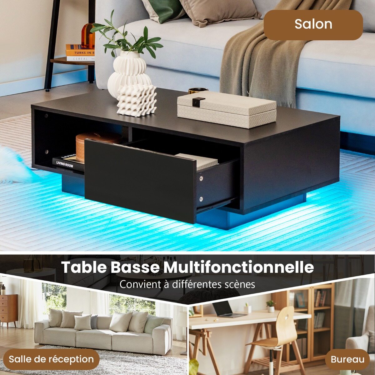 Kaasaegne kohvilaud LED-tuledega 20 värvitoonis 95x55x31 cm elutoalaud suure sahtli ja sektsiooniga must