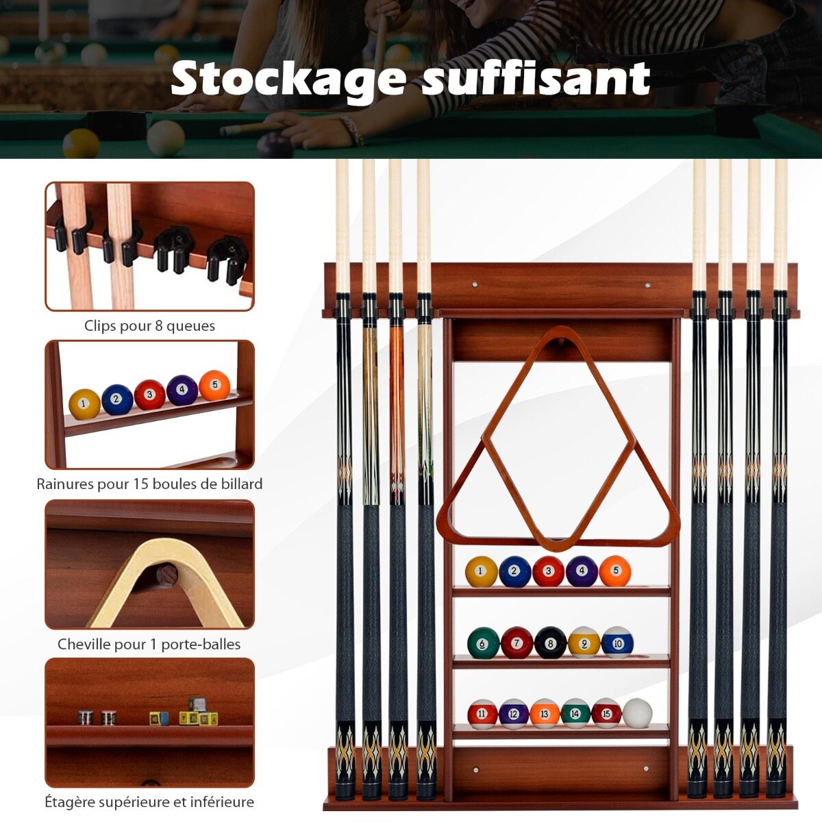Costway Wall Mounted Billiard Cue Rack 8 Cues and 3 Tier Grooves 15 Ball Holders 1 Triangle Wooden Ball Holder for Club Costway Wall Mounted Billiard Cue Rack 8 Cues and 3 Tier Grooves 15 Ball Holders 1 Triangle Wooden Ball Holder for Club