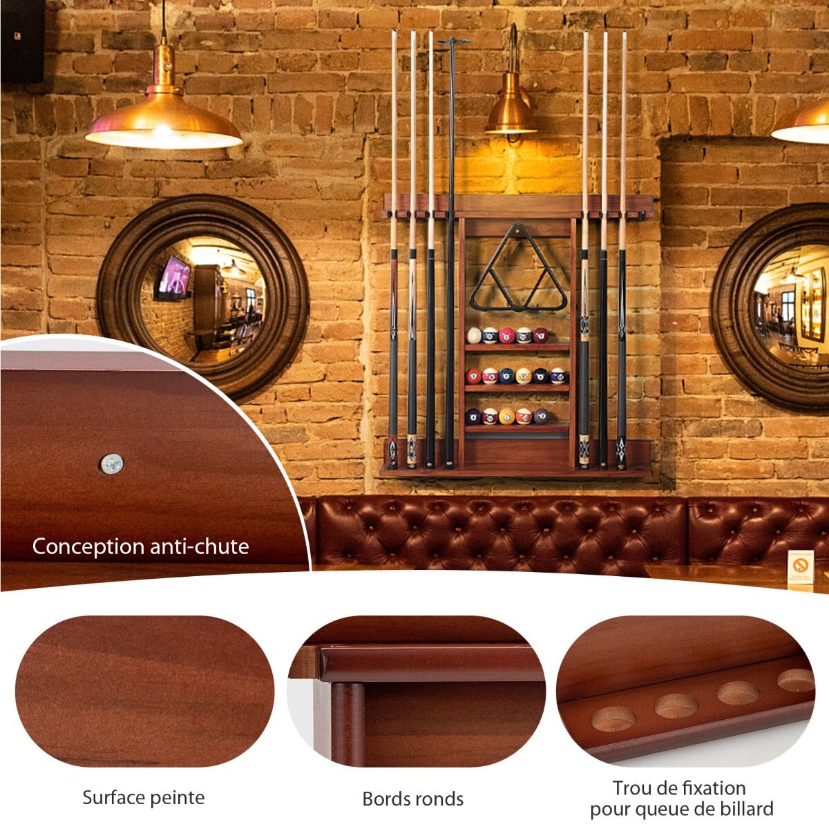 Wall Mounted Billiard Cue Rack 8 Cues and 3 Tier Grooves 15 Ball Holders 1 Triangle Wooden Ball Holder for Club Wall Mounted Billiard Cue Rack 8 Cues and 3 Tier Grooves 15 Ball Holders 1 Triangle Wooden Ball Holder for Club