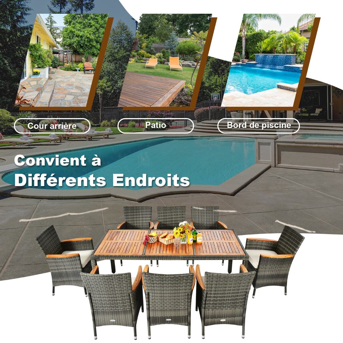 9-osaline vitstest söögikomplekt terrassile, eemaldatavate patjade ja vihmavarjuauguga