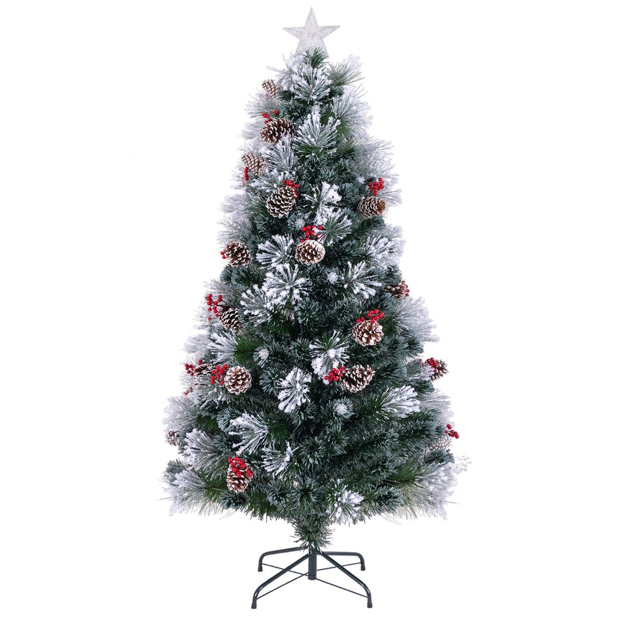 Jõulupuu oksaotsad, punased marjakobarad, männikäbid, fiiberoptilised LED-tuled, 8 valgustusrežiimi, 180 cm