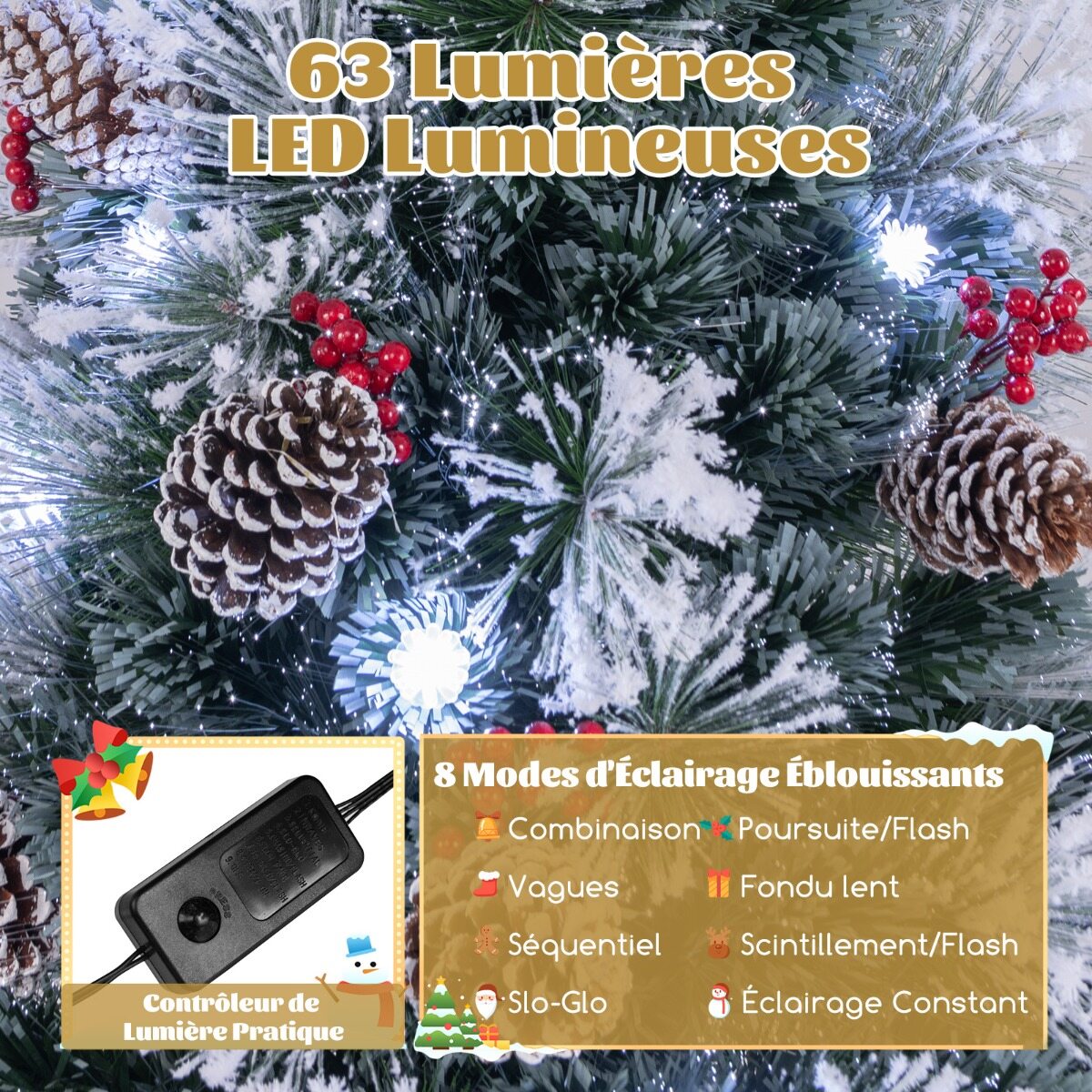 Jõulupuu oksaotsad, punased marjakobarad, männikäbid, fiiberoptilised LED-tuled, 8 valgustusrežiimi, 180 cm