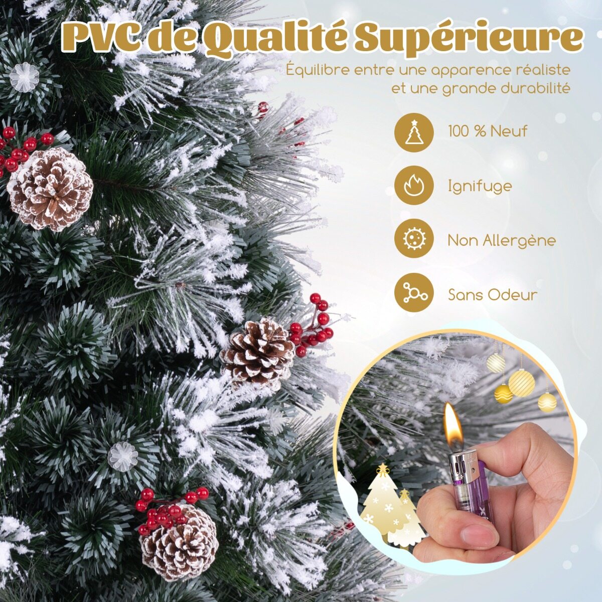 Jõulupuu oksaotsad, punased marjakobarad, männikäbid, fiiberoptilised LED-tuled, 8 valgustusrežiimi, 180 cm
