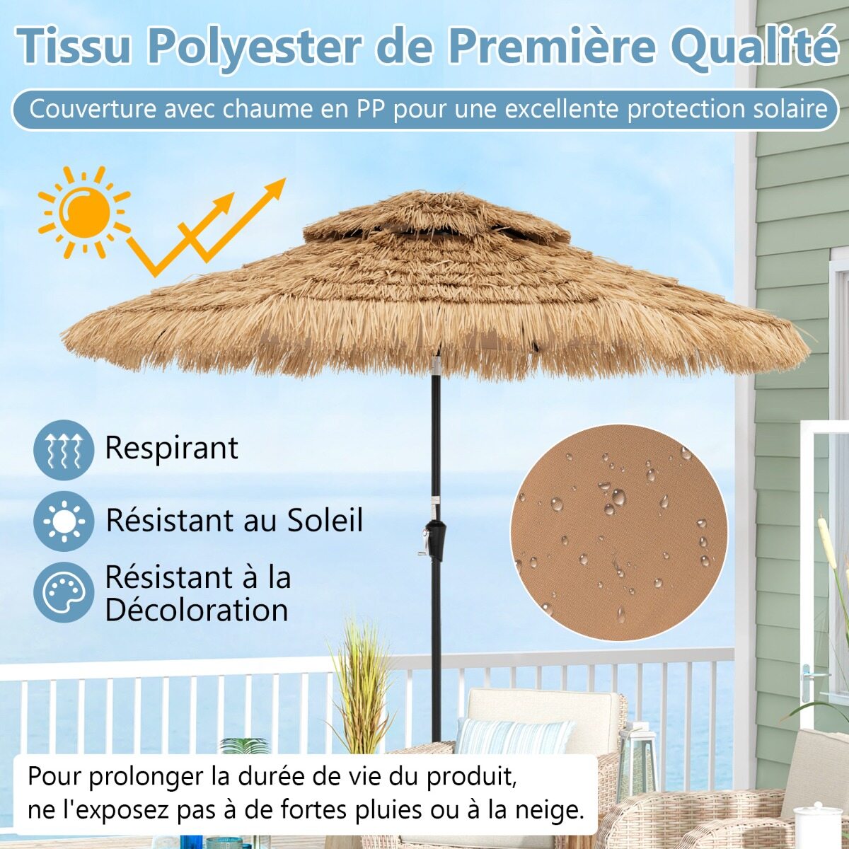 257 cm Hawaii stiilis kunstkatusega päikesevari, 32 LED-tuld ja keskvalgusti, käsitsi vändatav, 35° kallutusega, naturaalne