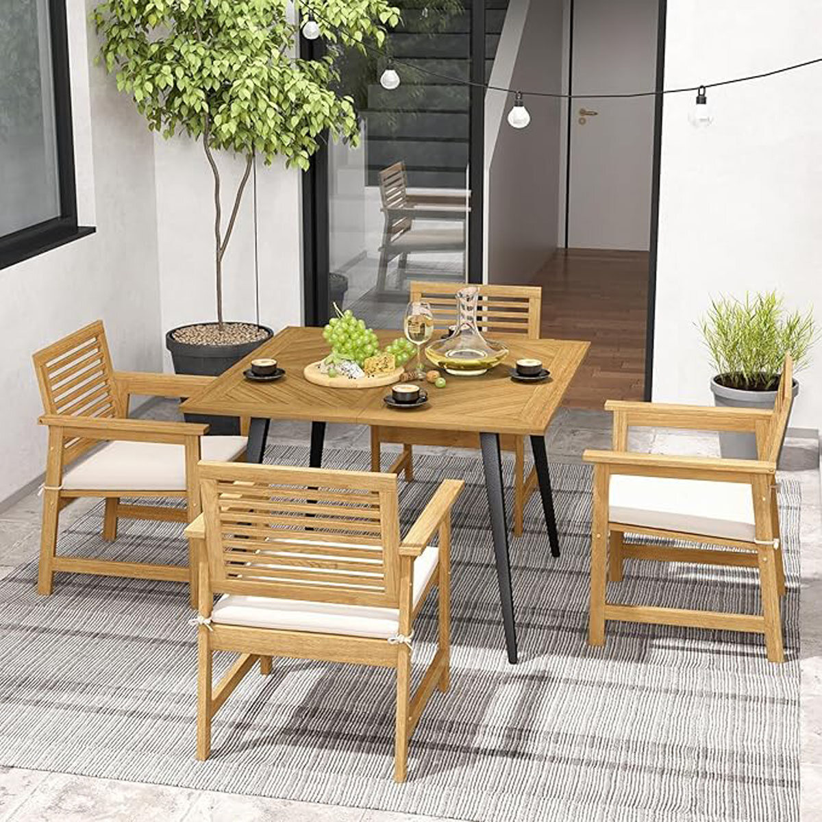 Aialaud päikesevarjuauguga Ruudukujuline akaatsiapuust terrassilaud 4 inimesele