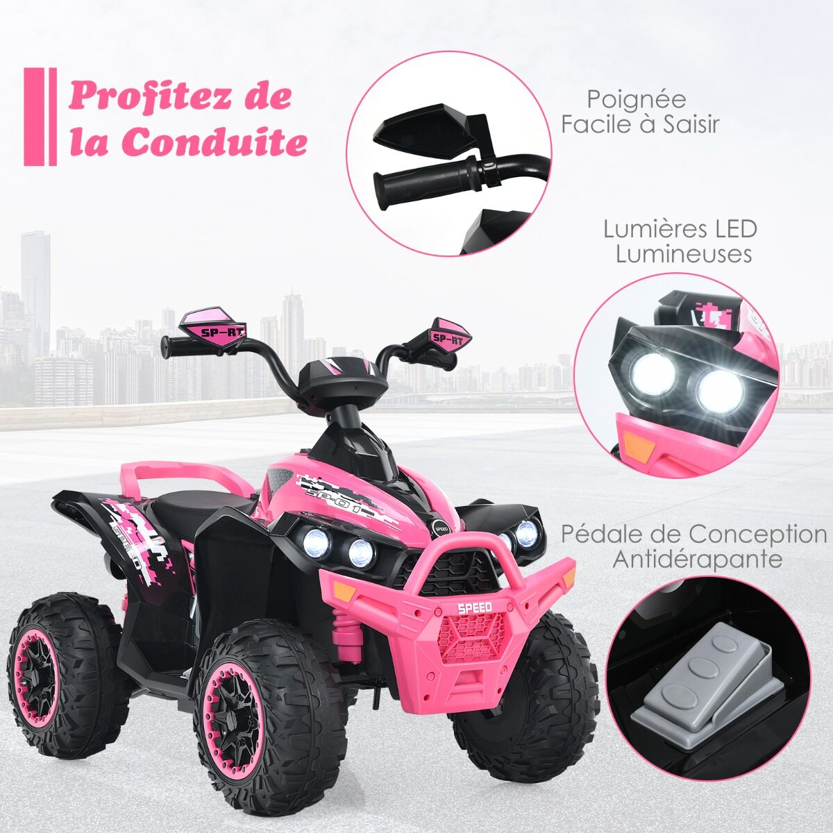 12 V elektriline laste ATV helisignaali ja LED-esitulega, roosa