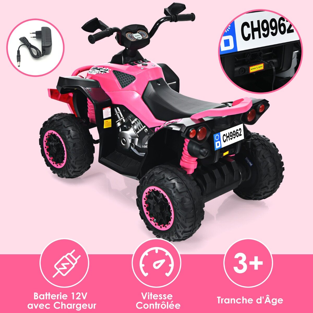 12 V elektriline laste ATV helisignaali ja LED-esitulega, roosa