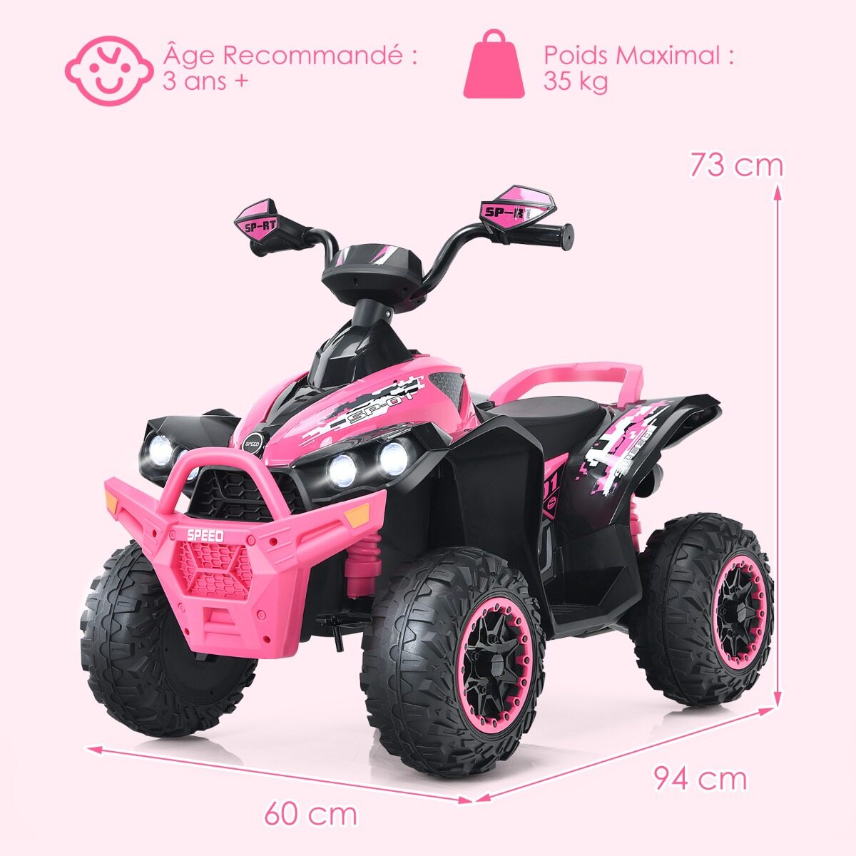 12 V elektriline laste ATV helisignaali ja LED-esitulega, roosa