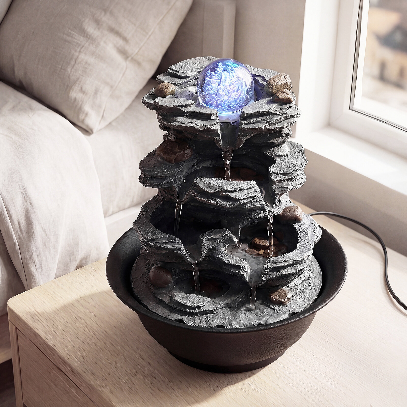 Siseruumides asuv purskkaev, lauale paigaldatav purskkaev, lõõgastav zen-juga värvilise LED-valgusega, vaikne pump, kristallkuul, 21,5 x 26 cm, must