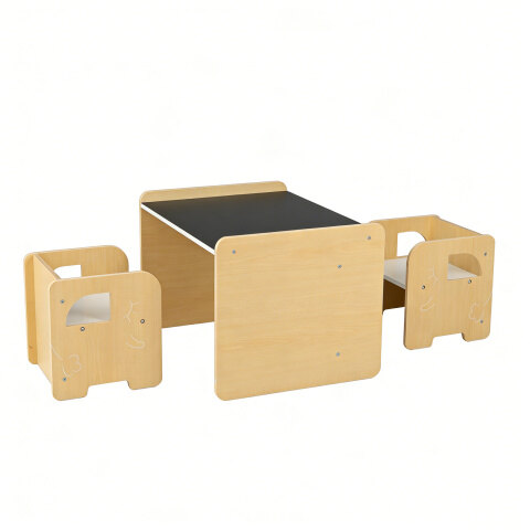 Lastelaud elevandikujuliste toolidega, 3-osaline komplekt tahvli ja 2 tooliga, modulaarne ja Montessori disain, kandevõime 30 kg + 50 kg, naturaalne