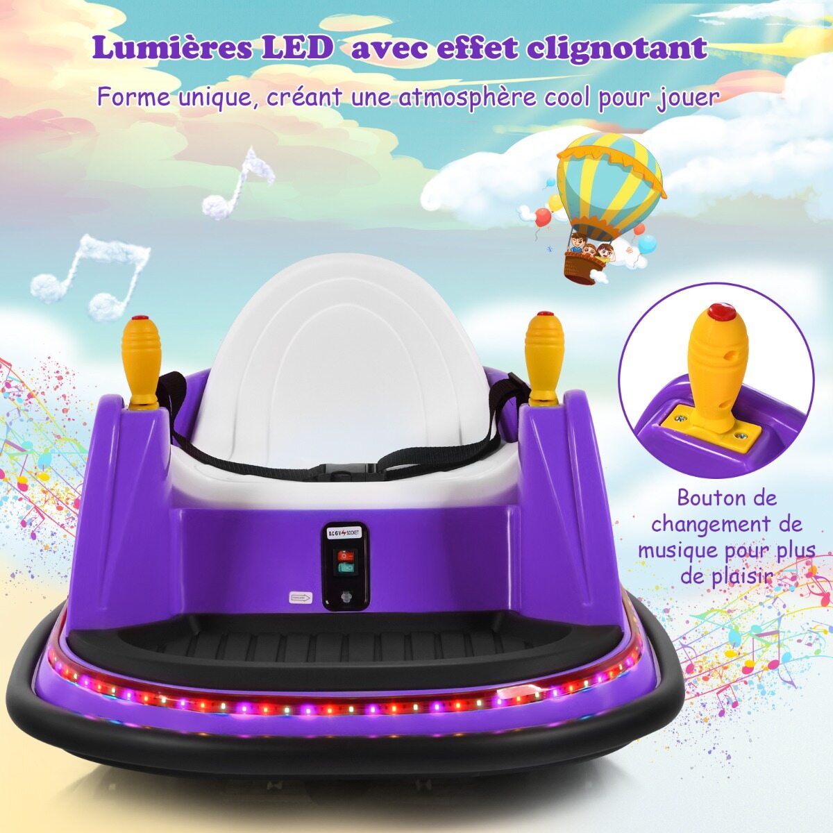 6 V laste elektriauto tulede ja muusikaga 57 x 75 x 42 cm lilla
