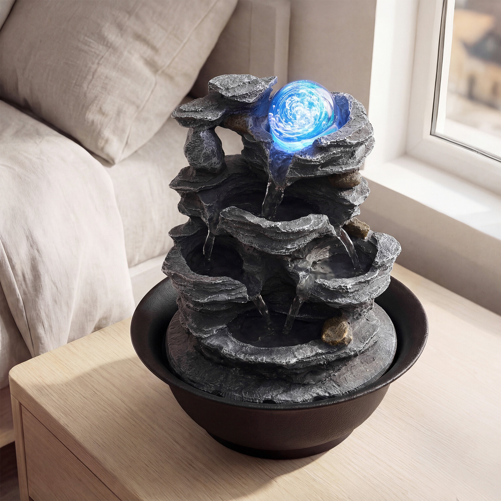 Lõõgastav Zen Cascade sisepurskkaev värvilise LED-valgusega, vaikse pumbaga, kristallkuuliga, 21,5 x 26 cm, must