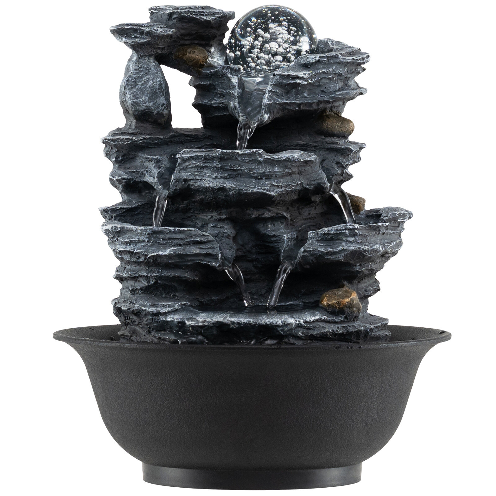 Lõõgastav Zen Cascade sisepurskkaev värvilise LED-valgusega, vaikse pumbaga, kristallkuuliga, 21,5 x 26 cm, must