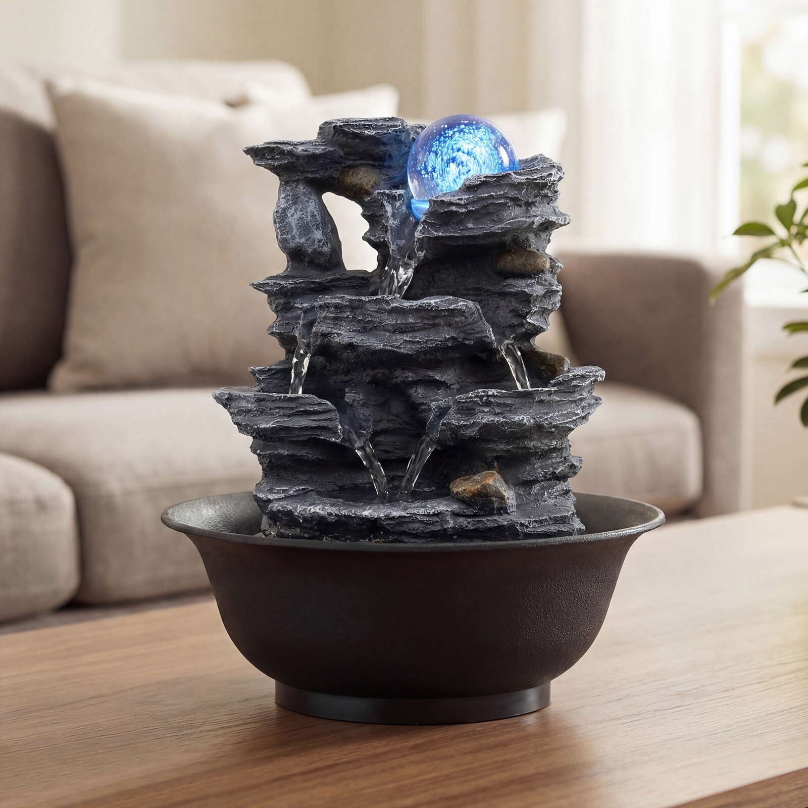 Lõõgastav Zen Cascade sisepurskkaev värvilise LED-valgusega, vaikse pumbaga, kristallkuuliga, 21,5 x 26 cm, must