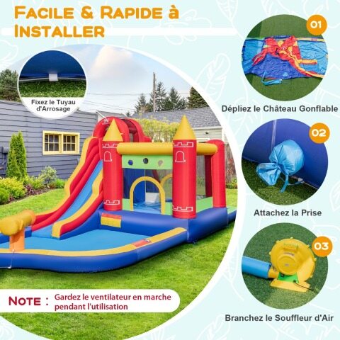 9-ühes lastele mõeldud täispuhutav loss veeliumäe, veekahuri ja pritsimisbasseiniga õueaeda (puhuriga), mitmevärviline