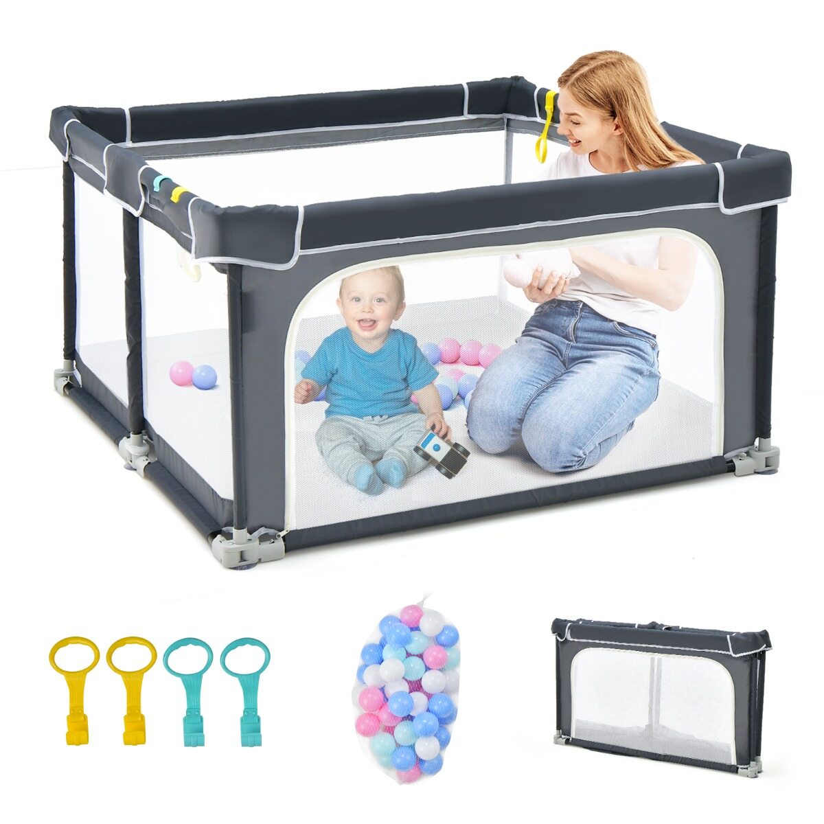 124 cm x 124 cm kokkupandav beebimänguaedik lukustusmehhanismidega – tumehall