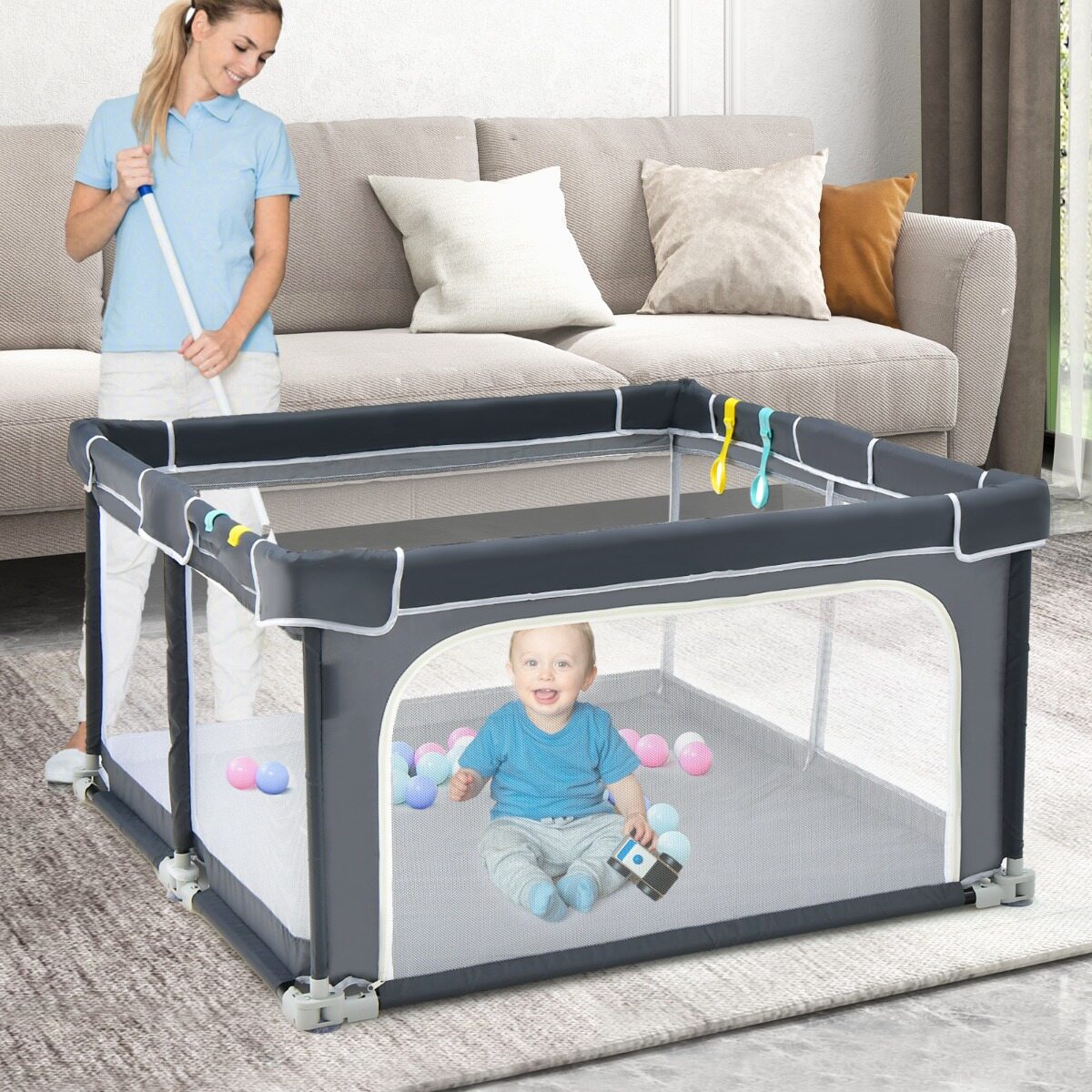 124 cm x 124 cm kokkupandav beebimänguaedik lukustusmehhanismidega – tumehall