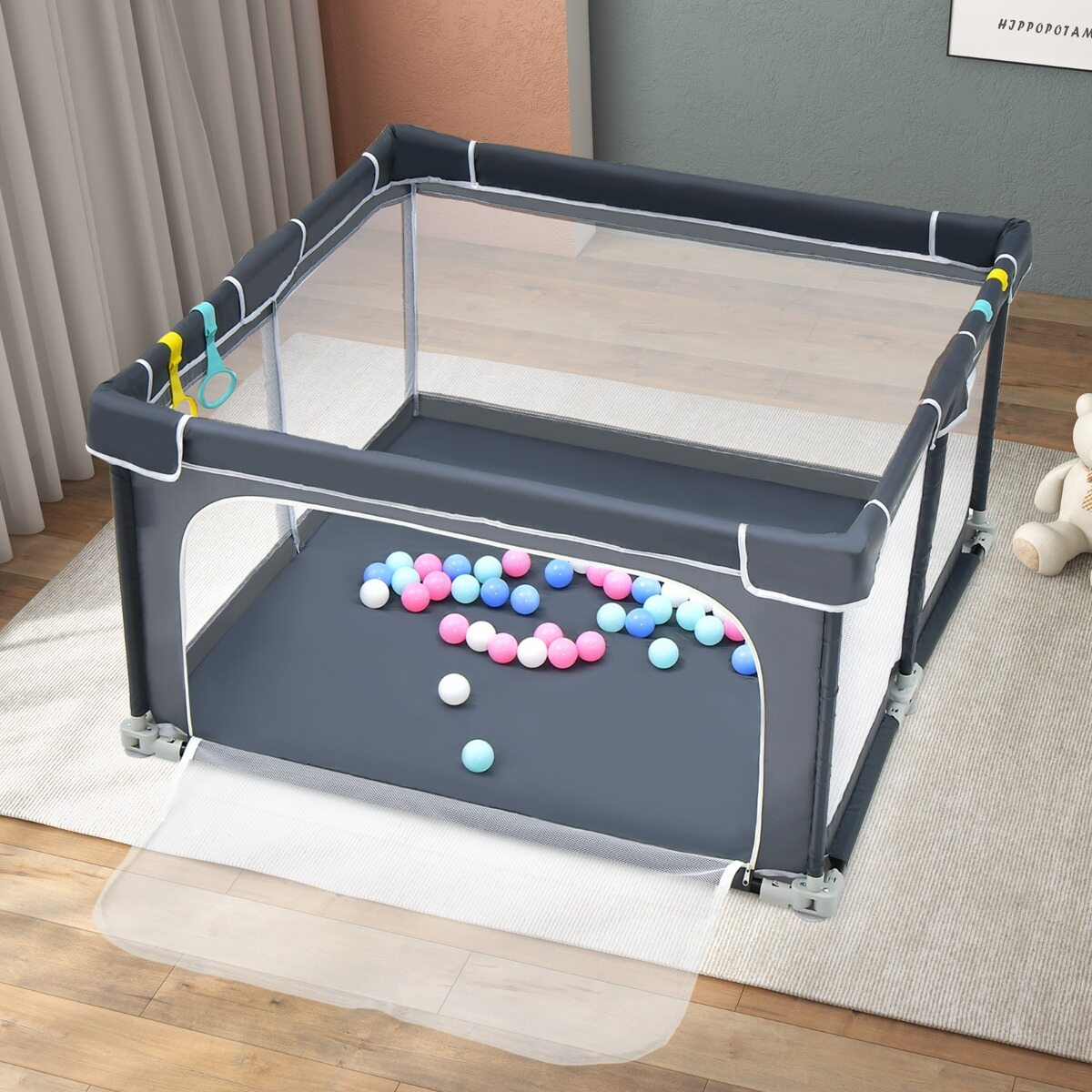 124 cm x 124 cm kokkupandav beebimänguaedik lukustusmehhanismidega – tumehall