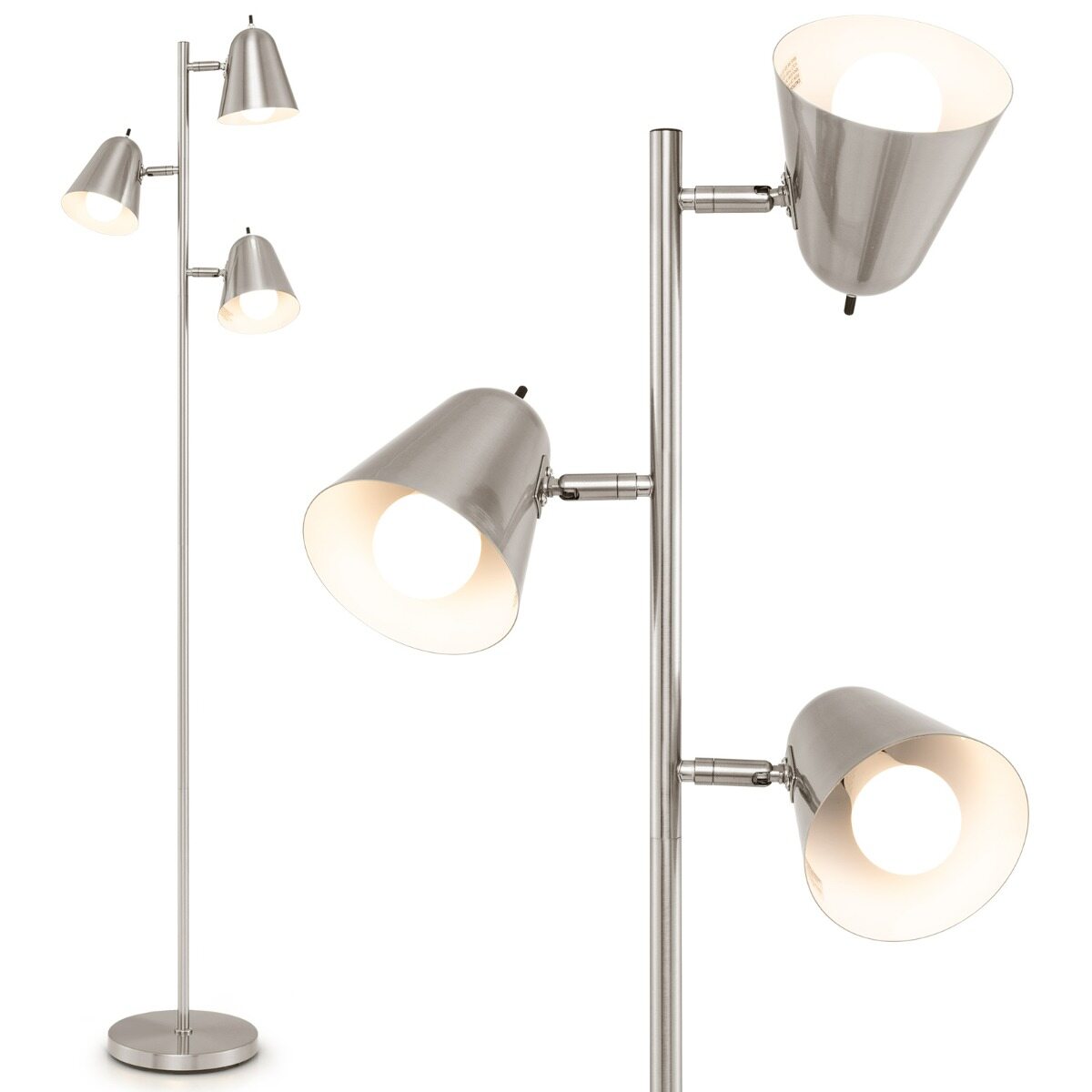 3-lambiline põrandalamp, puukujuline lamp, 3 E26 A19 pirni ja reguleeritava varjuga, vastupidav metallpost ja raske alus, hõbedane
