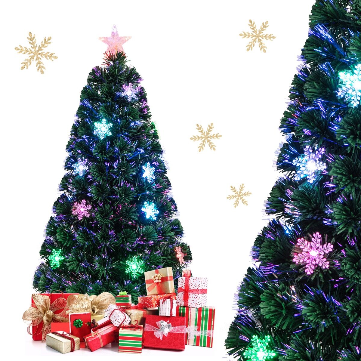 120 cm fiiberoptiline jõulupuu, pidulik kaunistuspuu PVC okste, LED-tulede ja lumehelvestega