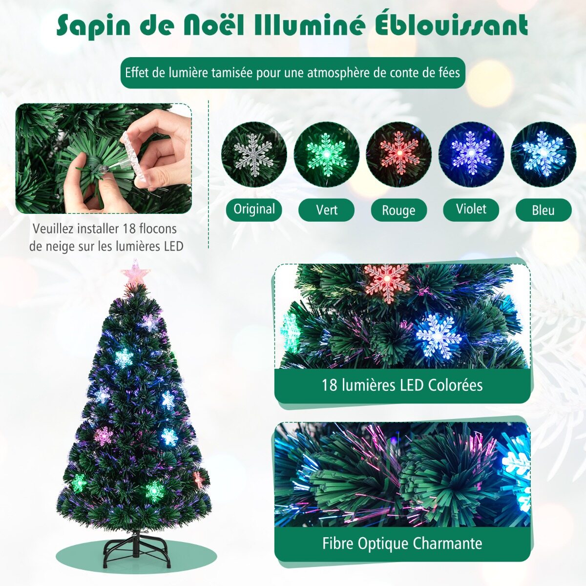 120 cm fiiberoptiline jõulupuu, pidulik kaunistuspuu PVC okste, LED-tulede ja lumehelvestega
