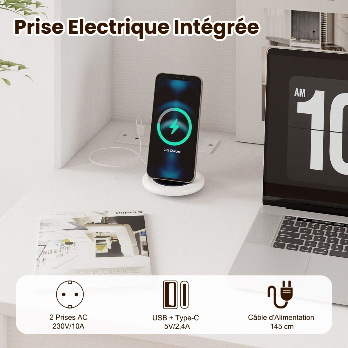 Dettaglio prese elettriche e gestione cavi scrivania