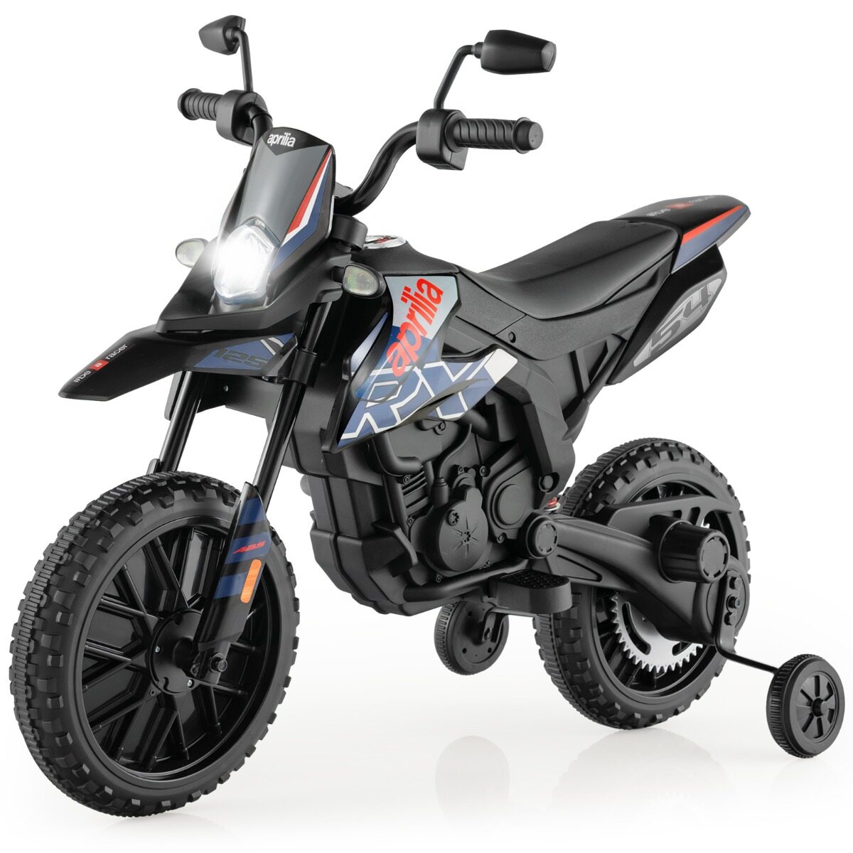 Aprilia elektriline lastemootorratas treeningrataste, muusika ja esitulega 12 V lastemootorratas sinine