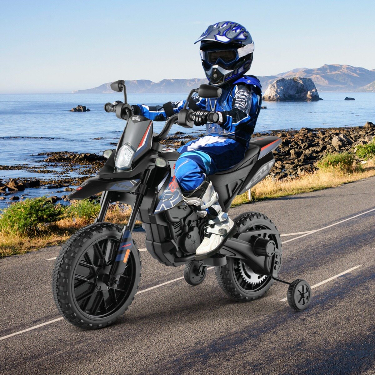 Aprilia elektriline lastemootorratas treeningrataste, muusika ja esitulega 12 V lastemootorratas sinine