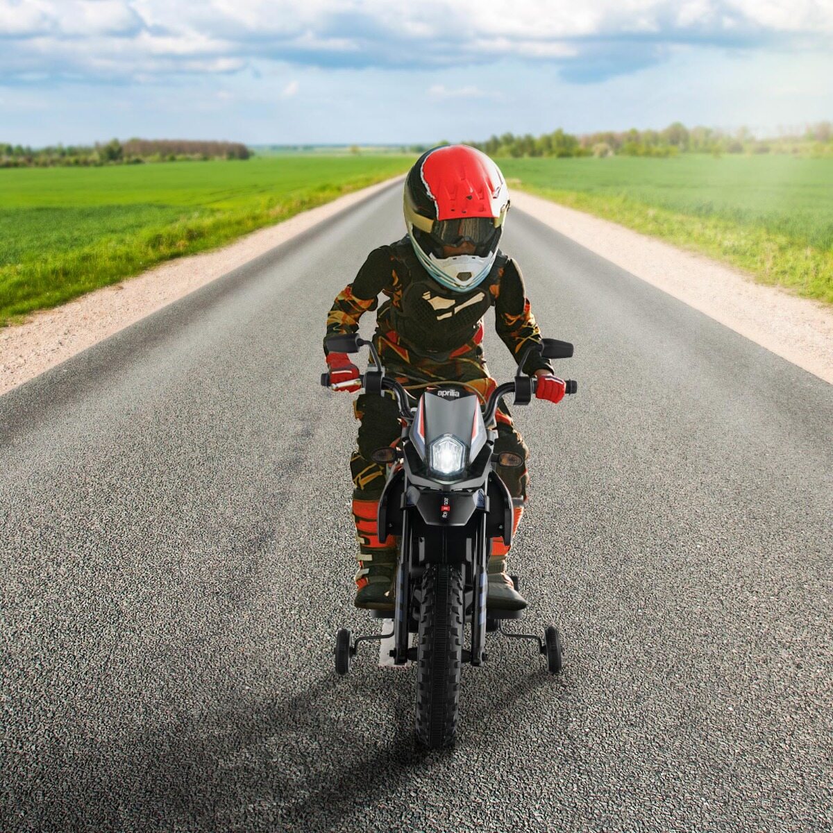 Aprilia elektriline lastemootorratas treeningrataste, muusika ja esitulega 12 V lastemootorratas sinine