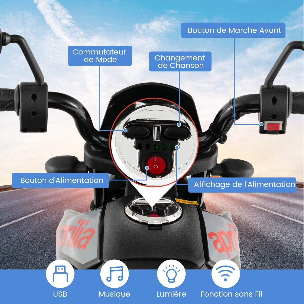 Aprilia elektriline lastemootorratas treeningrataste, muusika ja esitulega 12 V lastemootorratas sinine